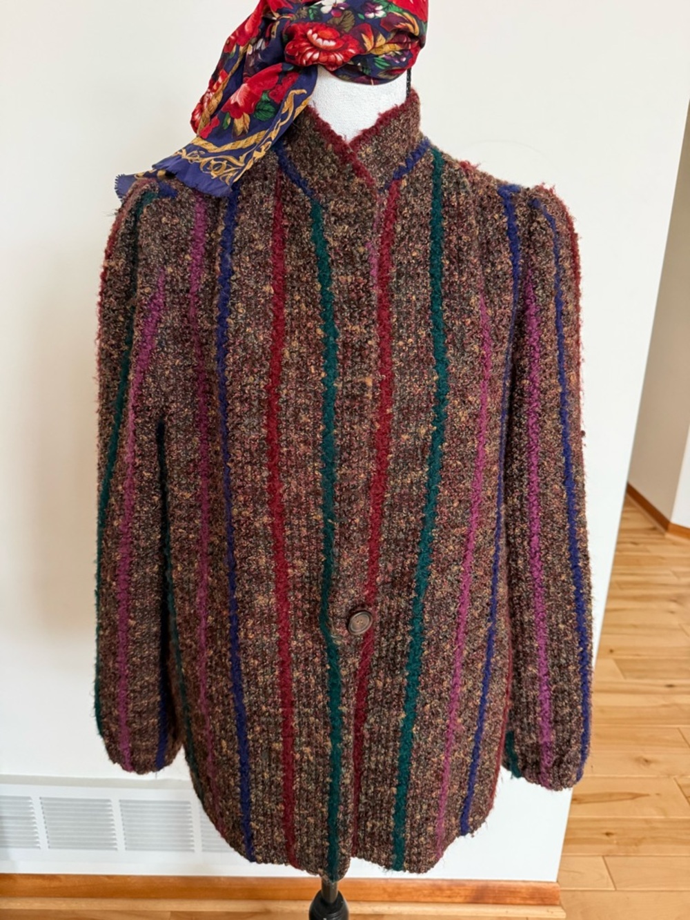 Grandma core Textured Striped Bouclé Jacket with Jewel-Tone Scarf - Picture 5 of 10